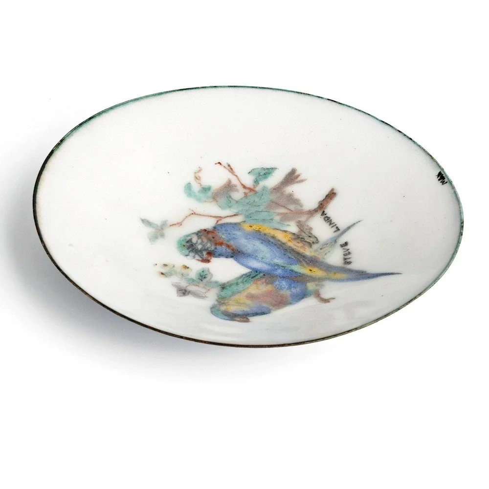 Vintage Parakeet Bird Art Bowl Metal And Enamel Handmade